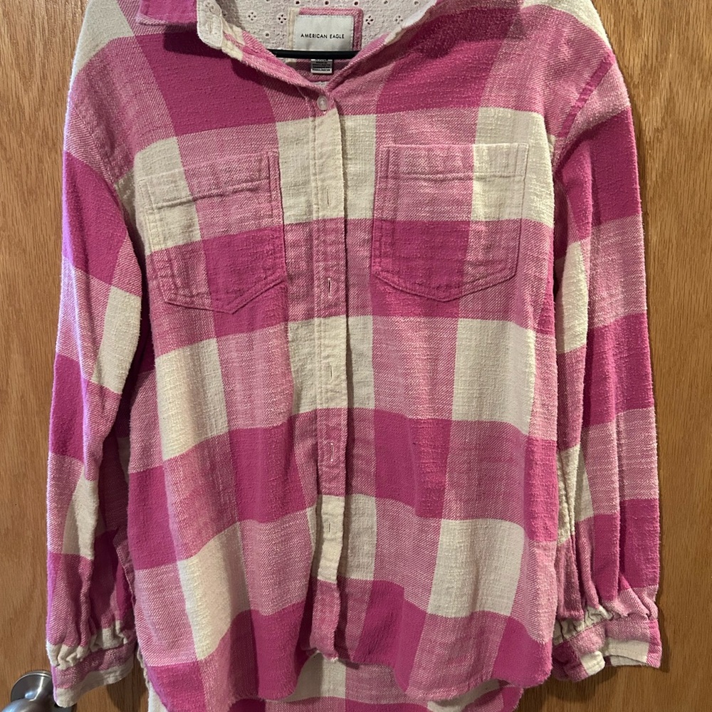 American Eagle Outfitters Pink and Cream Plaid Button Down Shirt